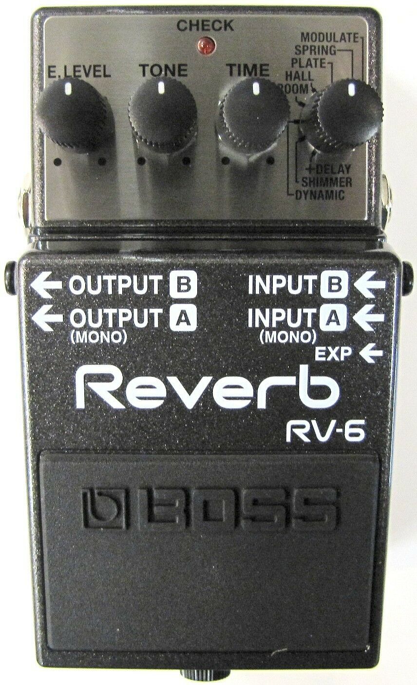 Boss RV-6 Digital Reverb guitar pedal in black with four knobs and eight-mode selector