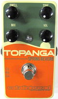 Catalinbread Topanga Spring Reverb pedal — top view, green and orange two-tone enclosure with Dwell, Tone, Mix, and Volume knobs