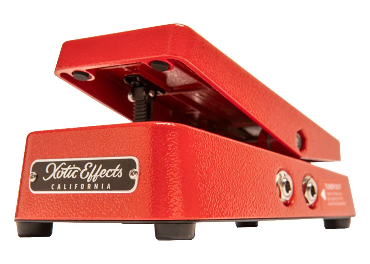 Xotic XVP-25K red volume pedal side view showing inputs and dedicated tuner output