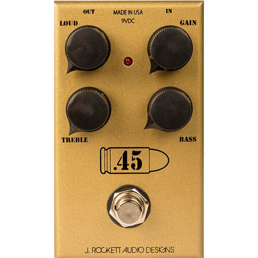 J Rockett 45 Caliber overdrive guitar pedal, gold, Loud Gain Treble Bass knobs