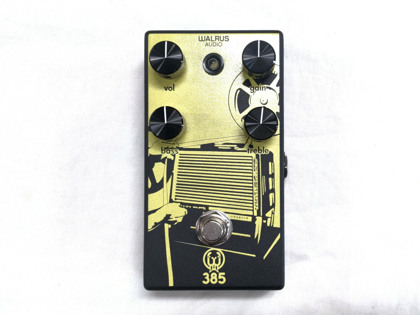 Walrus Audio 385 overdrive guitar pedal — matte black with yellow projector artwork