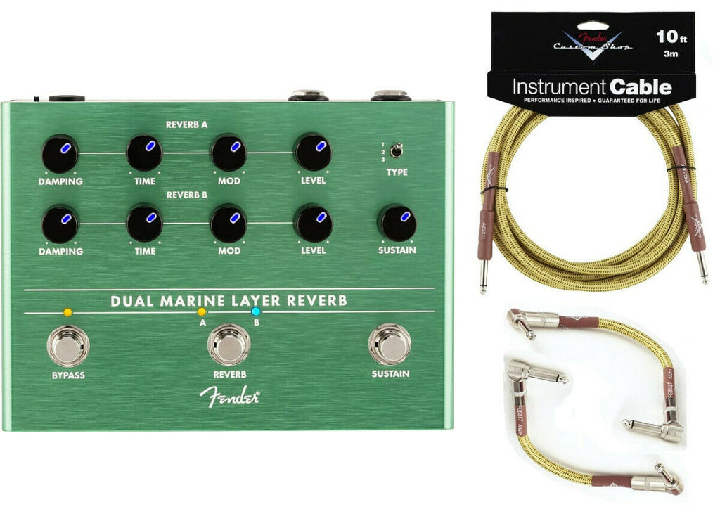 Fender Dual Marine Layer Reverb pedal - green top with included tweed cables