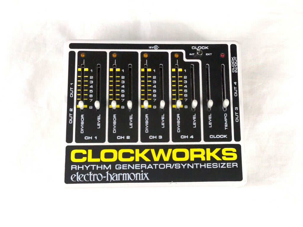 Used Electro-Harmonix Clockworks Rhythm Generator Synthesizer pedal, black enclosure, top view