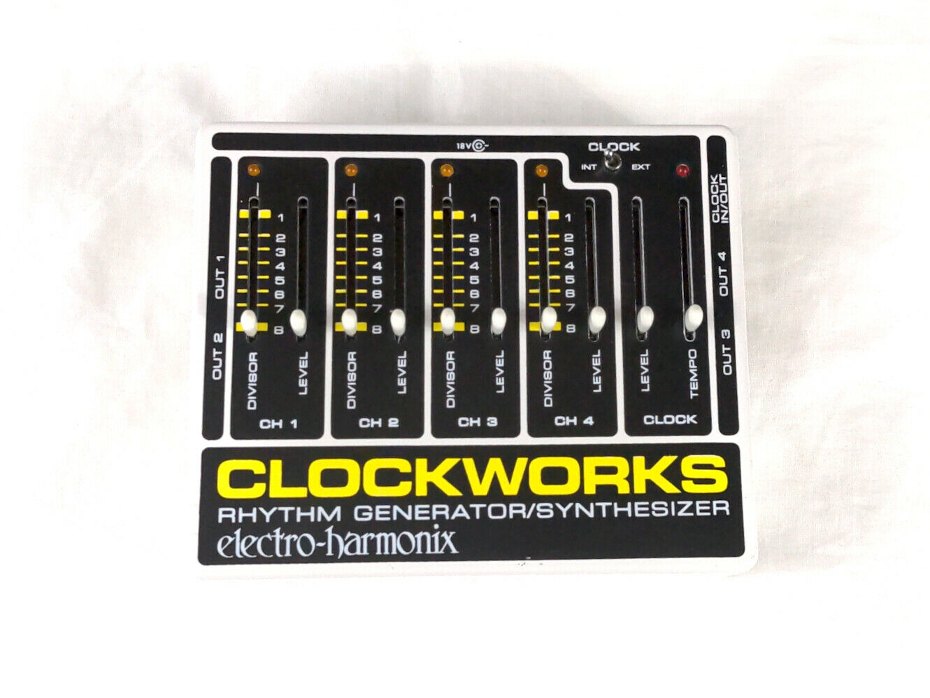 Used Electro-Harmonix Clockworks Rhythm Generator Synthesizer pedal, black enclosure, top view