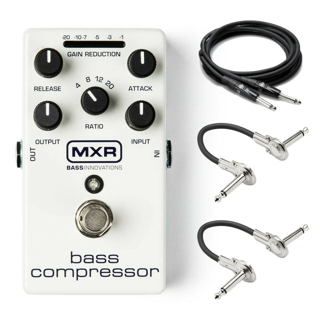 MXR M87 Bass Compressor pedal — white enclosure with included cables