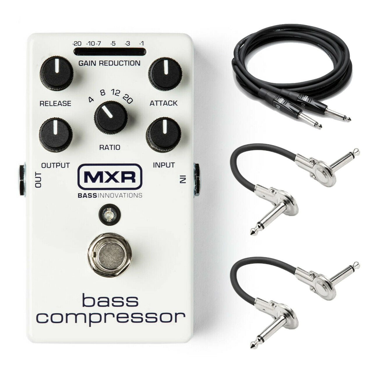 MXR M87 Bass Compressor pedal — white enclosure with included cables