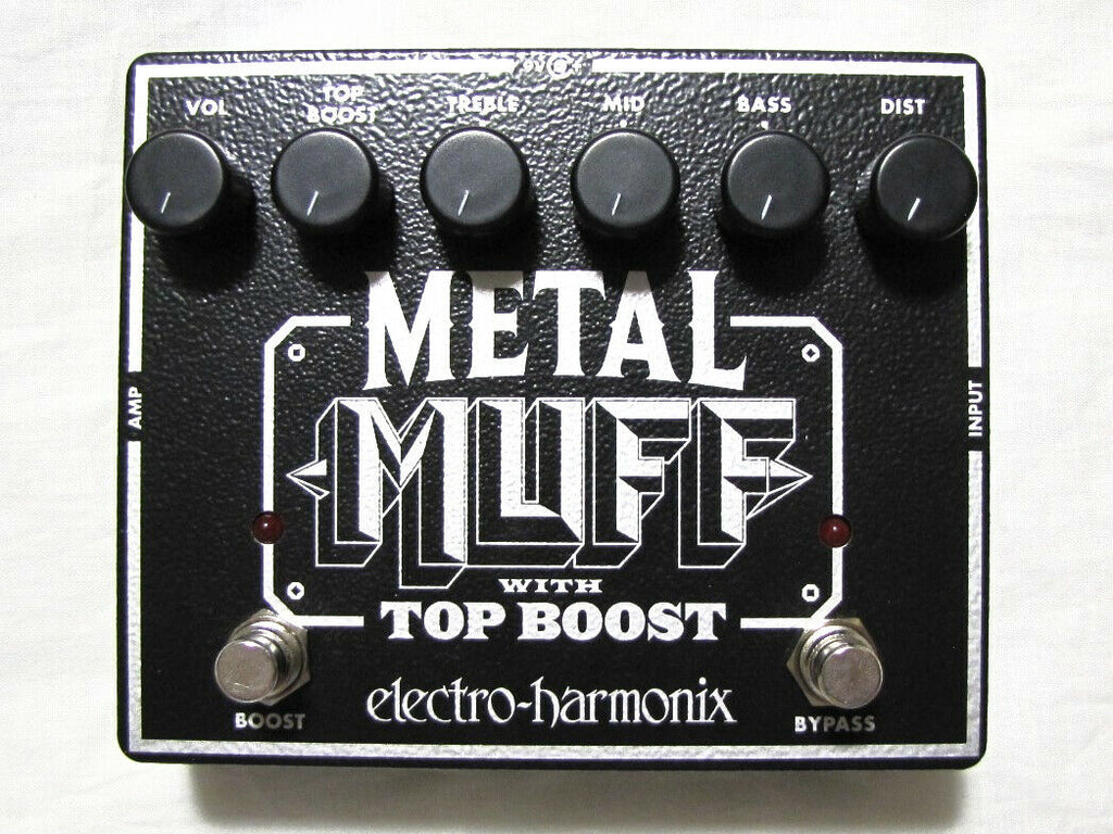 Electro-Harmonix Metal Muff distortion pedal - black enclosure top view with Top Boost