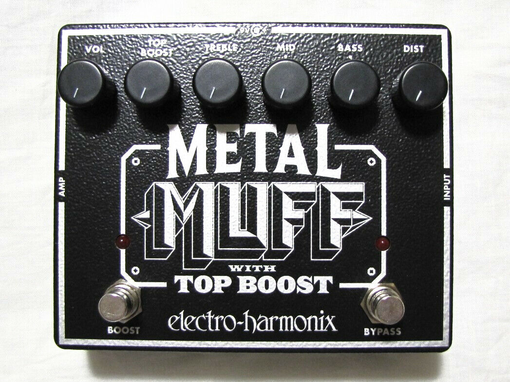 Electro-Harmonix Metal Muff distortion pedal - black enclosure top view with Top Boost