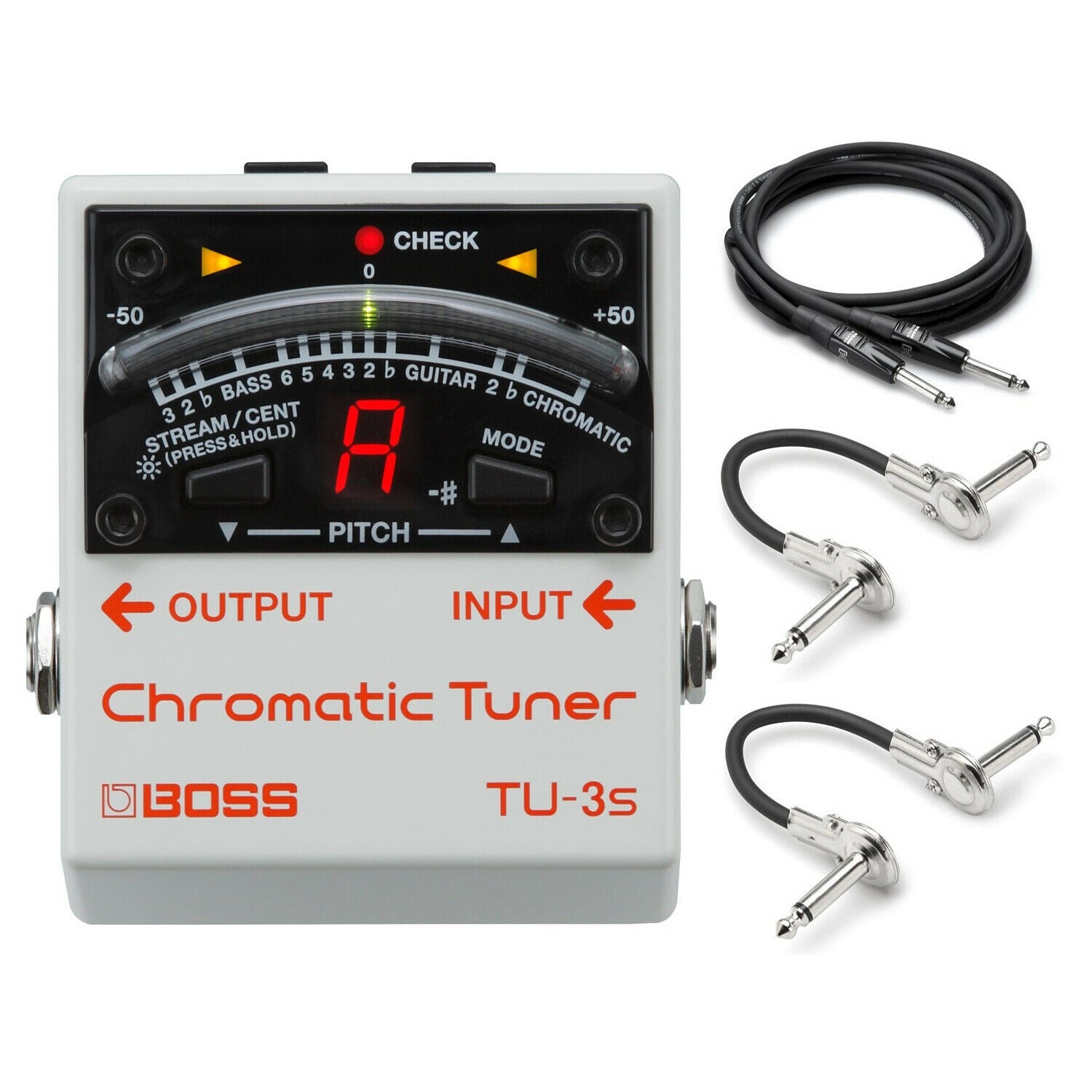 Boss TU-3S white chromatic mini tuner pedal with free Hosa cables