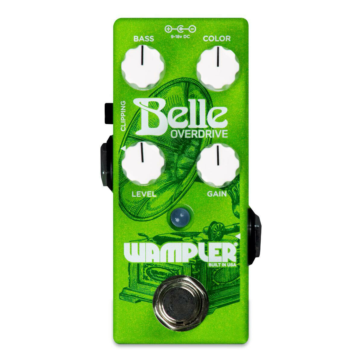 Wampler Belle transparent overdrive mini pedal — green enclosure, top view