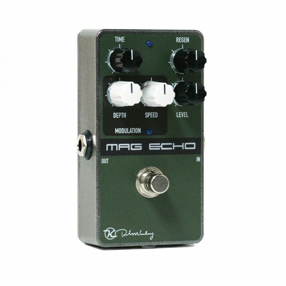 Keeley Mag Echo green magnetic tape echo delay pedal, angled view