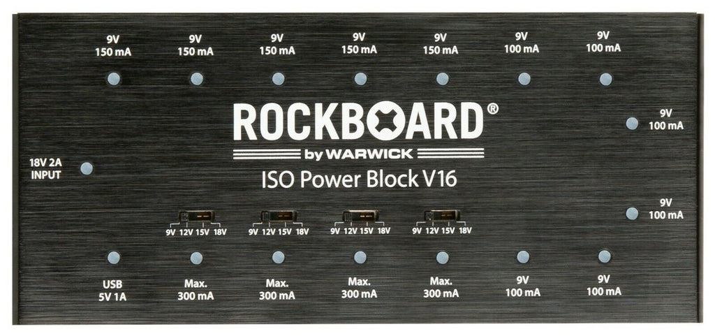 RockBoard ISO Power Block V16 power supply — top panel showing all 16 output ports and LEDs
