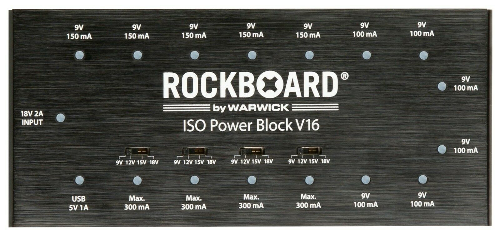 RockBoard ISO Power Block V16 power supply — top panel showing all 16 output ports and LEDs