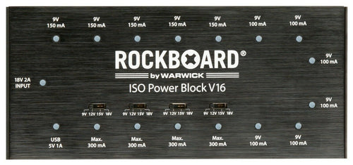 RockBoard ISO Power Block V16 power supply — top panel showing all 16 output ports and LEDs