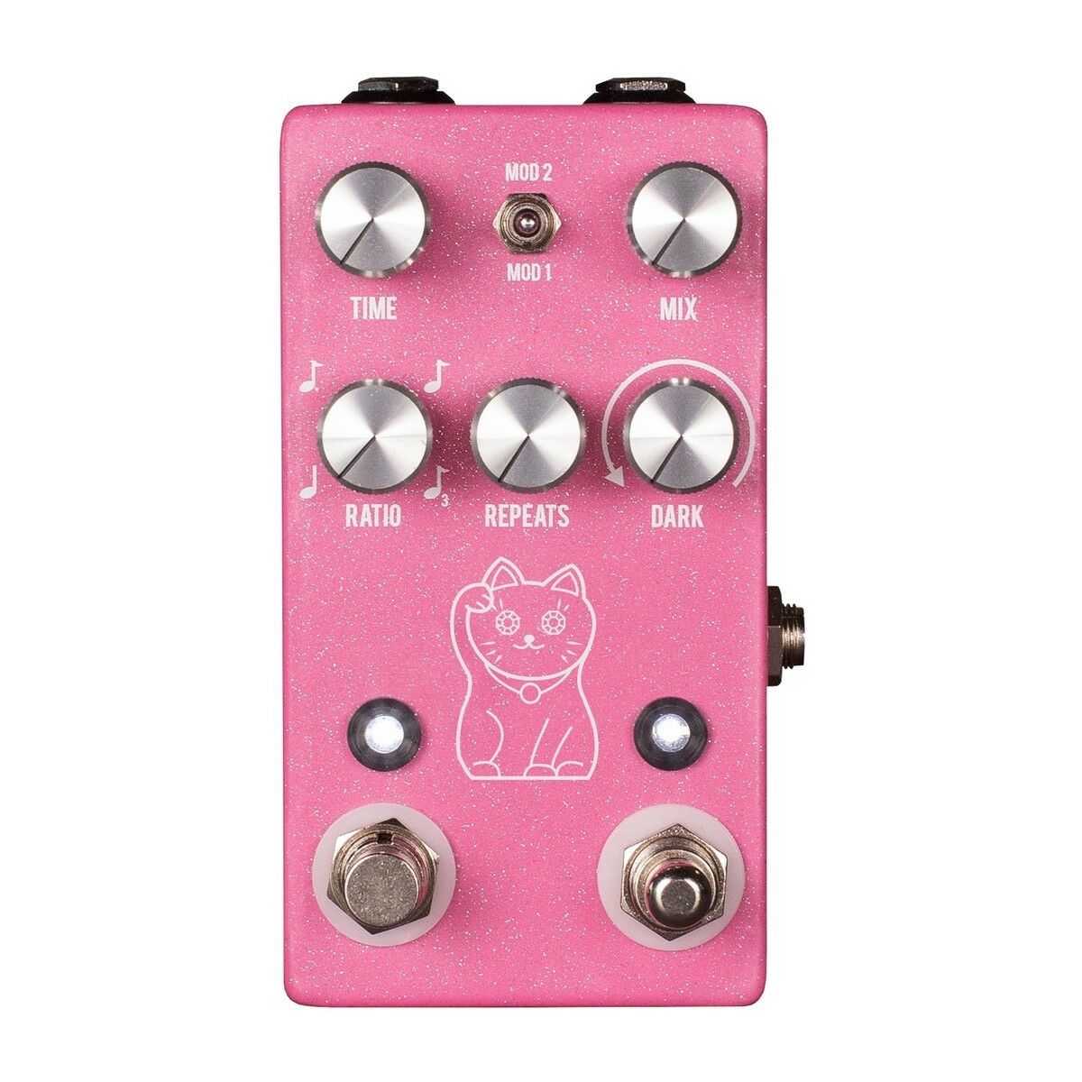 JHS Lucky Cat Delay guitar pedal — pink enclosure, top view with Time, Mix, Ratio, Repeats controls