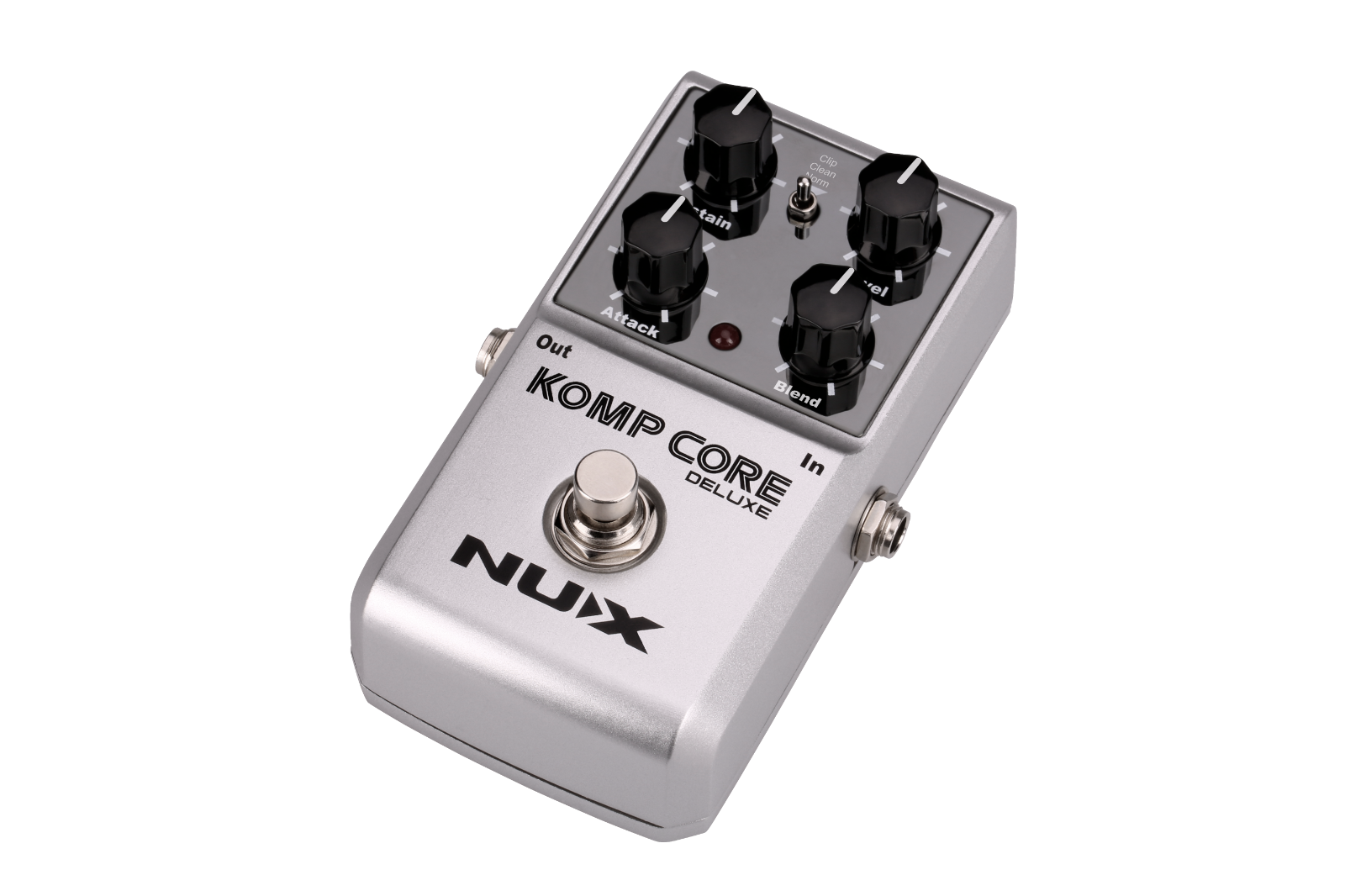 NUX Komp Core Deluxe compressor pedal — angled silver stompbox view