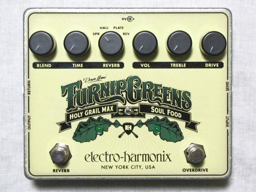 Electro-Harmonix Turnip Greens overdrive and reverb multi-effect pedal - top control panel
