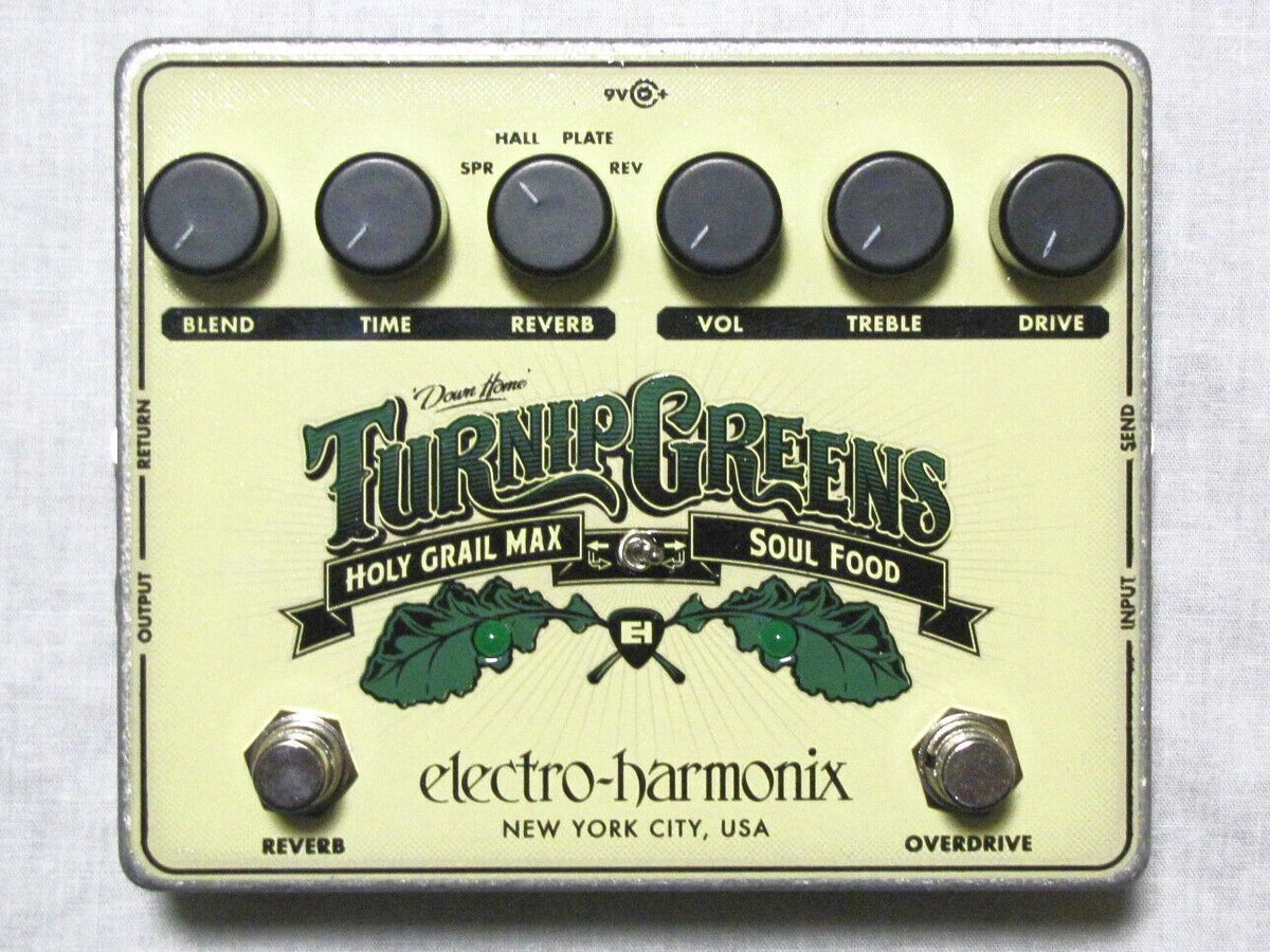 Electro-Harmonix Turnip Greens overdrive and reverb multi-effect pedal - top control panel