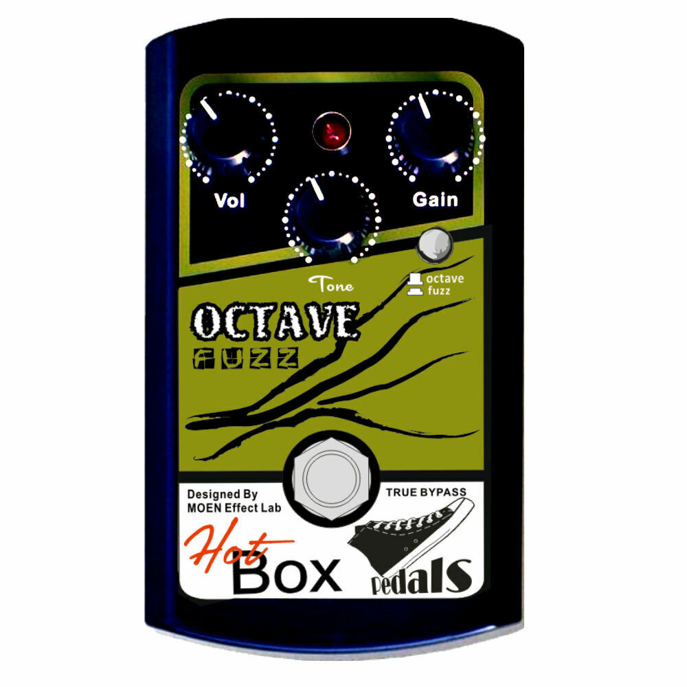 Hot Box HB-OF Octave Fuzz pedal - green enclosure control knobs view