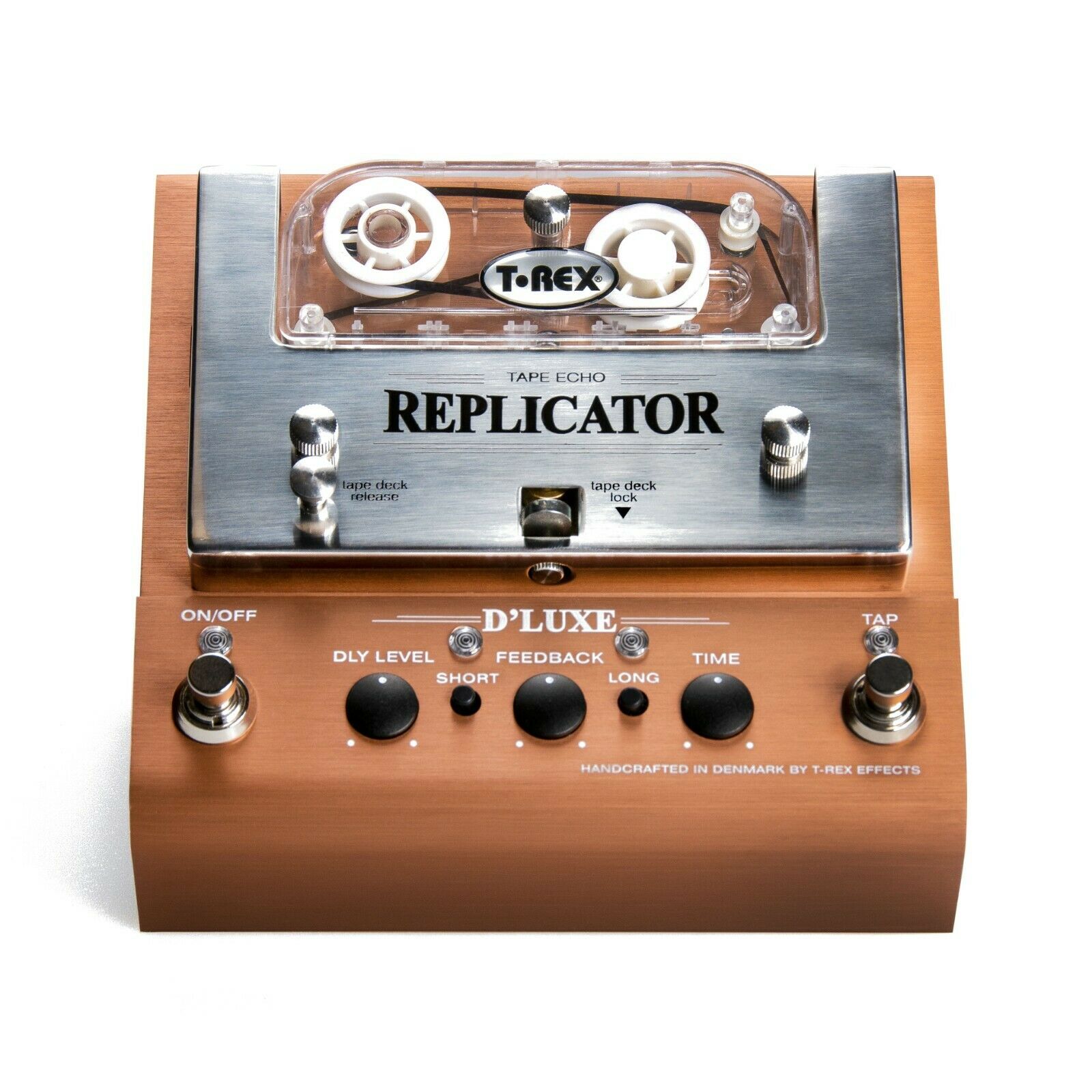 T-Rex Replicator D'Luxe tape echo pedal top view, copper and silver