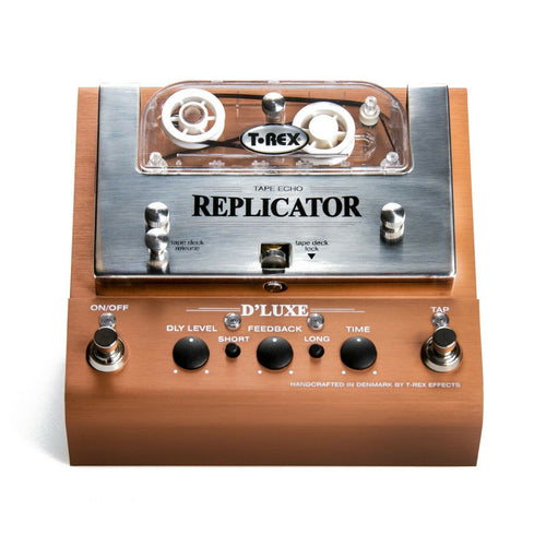 T-Rex Replicator D'Luxe tape echo pedal top view, copper and silver