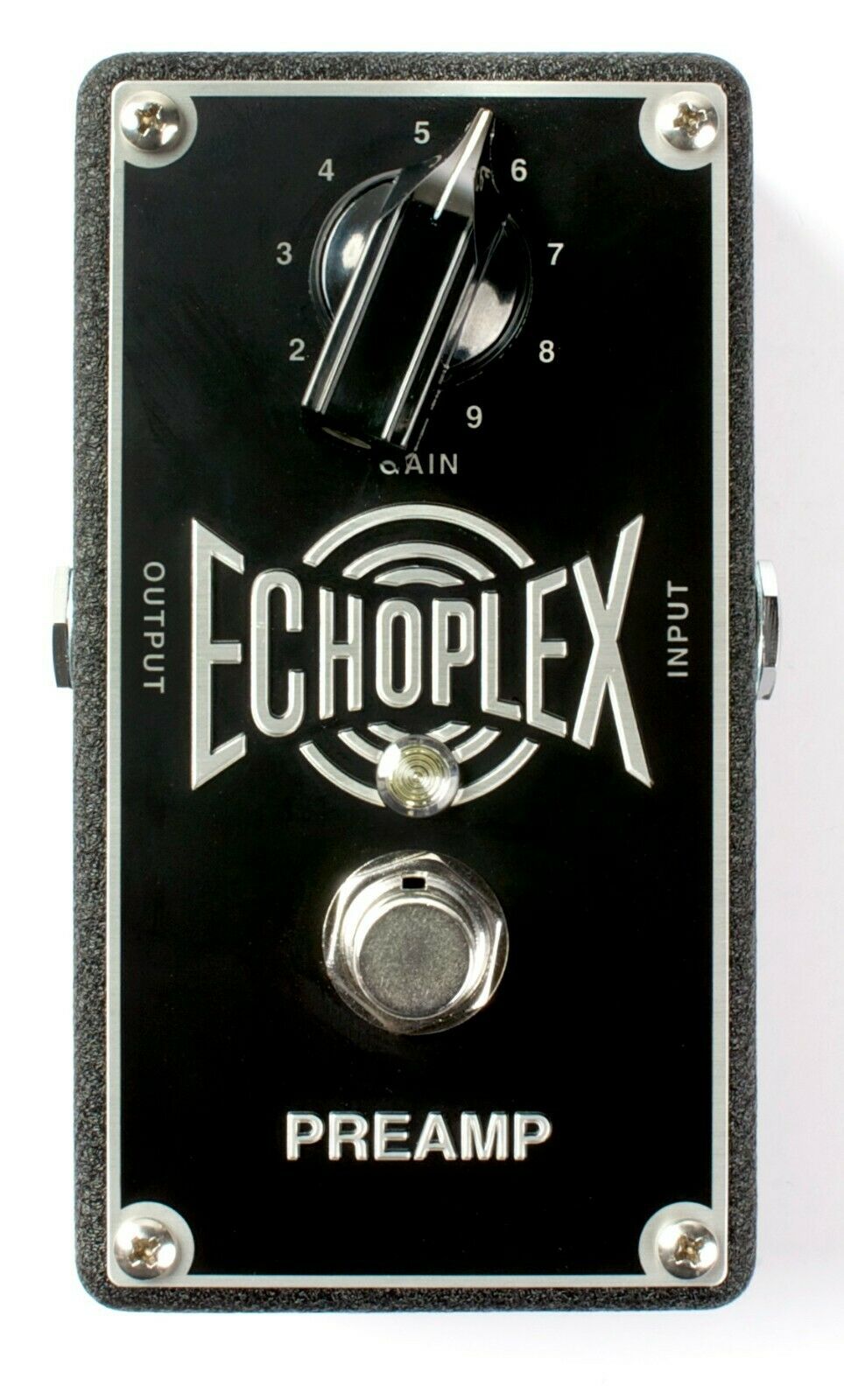 MXR EP101 Echoplex Preamp pedal — top view, black face with silver hammertone chassis