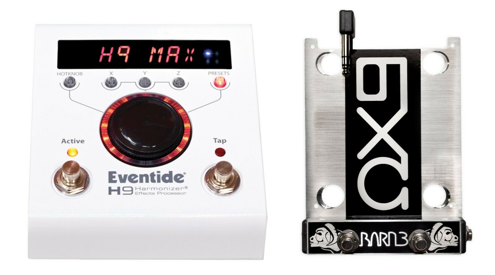 Eventide H9 MAX harmonizer with OX9 aux switch — top view both units