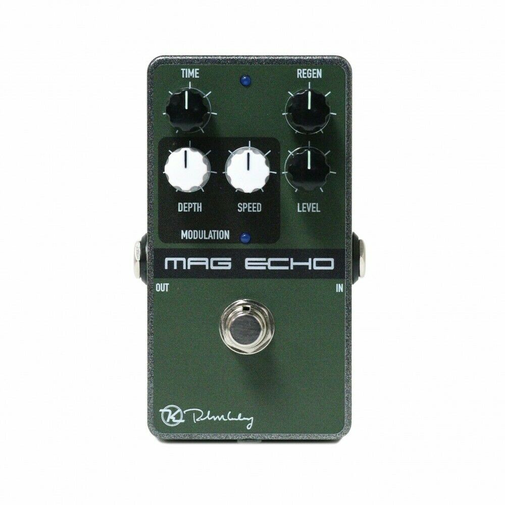 Keeley Mag Echo green tape-style delay pedal with white and black knobs