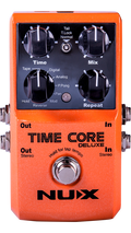 NUX Time Core Deluxe delay pedal — orange enclosure front with Time Mix Repeat knobs