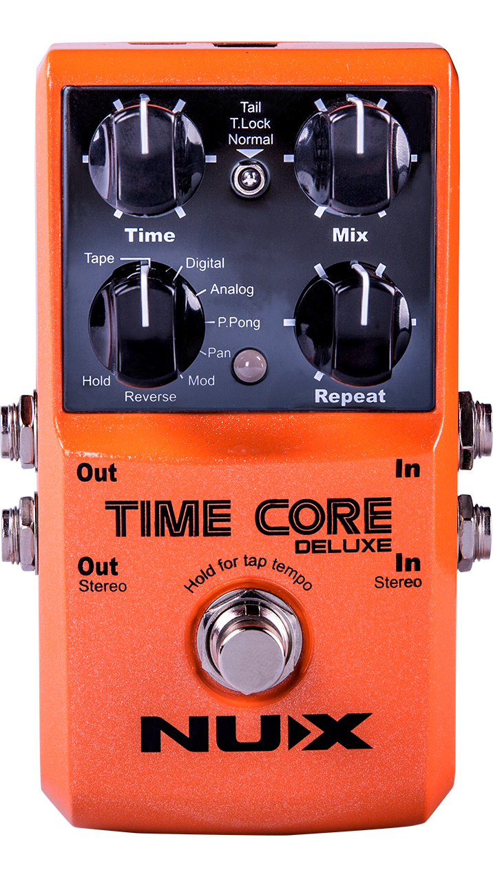 NUX Time Core Deluxe delay pedal — orange enclosure front with Time Mix Repeat knobs