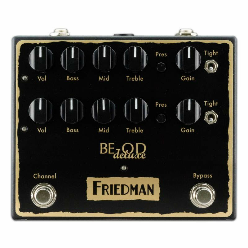 Friedman BE-OD Deluxe dual overdrive pedal, black and gold chassis top view