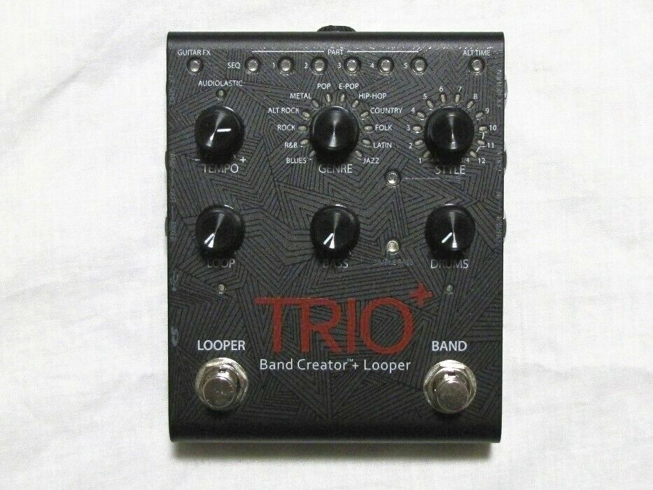 DigiTech Trio+ Band Creator Looper — black patterned enclosure, dual footswitch, top view