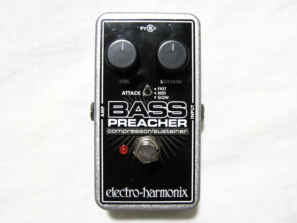 Electro-Harmonix Bass Preacher Compressor Sustainer pedal — top view black enclosure