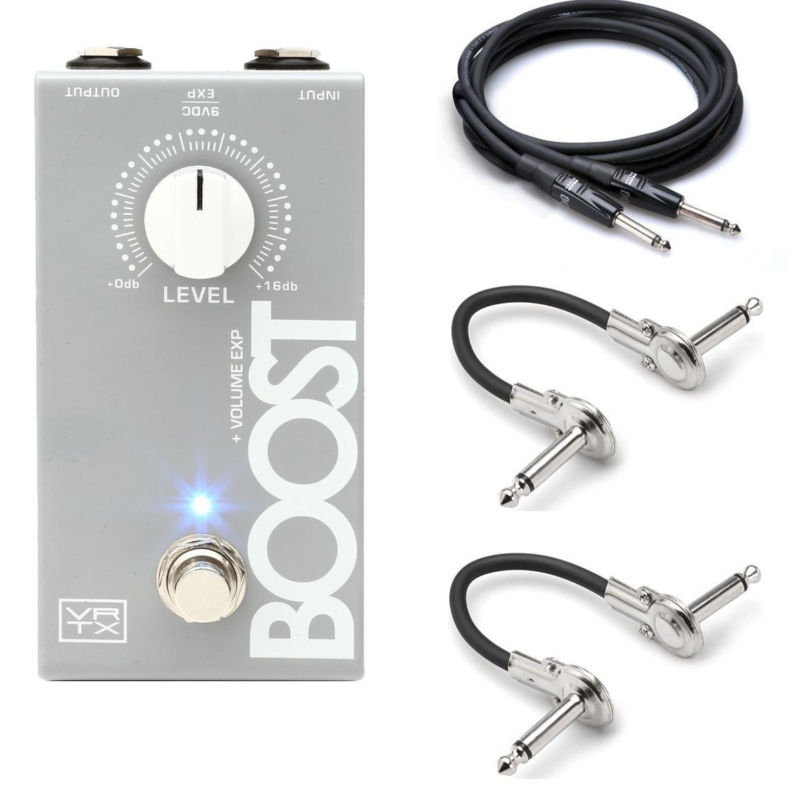 Vertex Boost MKII clean boost pedal — silver enclosure, shown with included guitar and patch cables