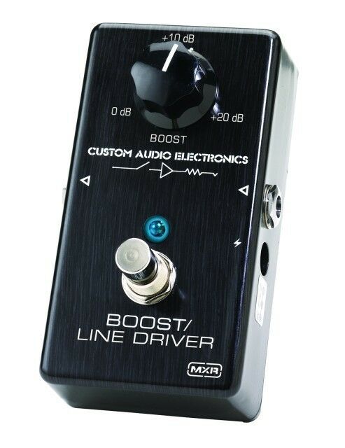 MXR MC401 CAE Boost/Line Driver pedal — black brushed enclosure, angled view
