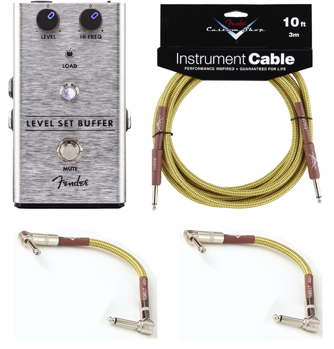 Fender Level Set Buffer silver pedal with included Fender tweed cables