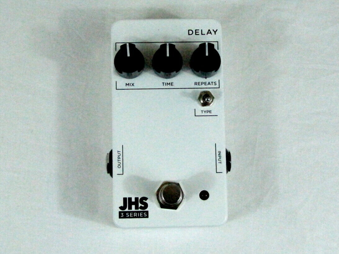 JHS 3 Series Delay pedal — top view, white enclosure with Mix Time Repeats knobs