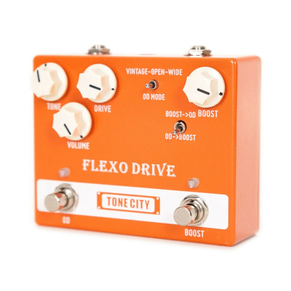 Tone City Flexo Drive overdrive boost pedal, side view with jacks