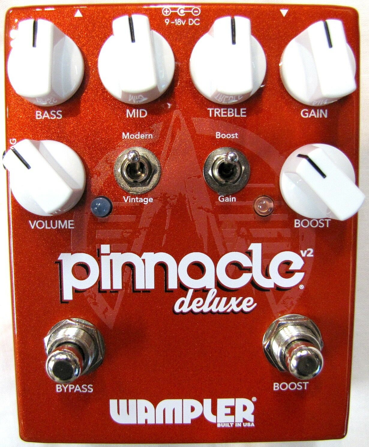 Wampler Pinnacle Deluxe V2 Overdrive — red metallic enclosure, front view with 3-band EQ and boost controls