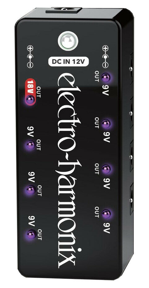 New Electro-Harmonix S8 multi-output power supply, black, front with 9V and 18V outputs