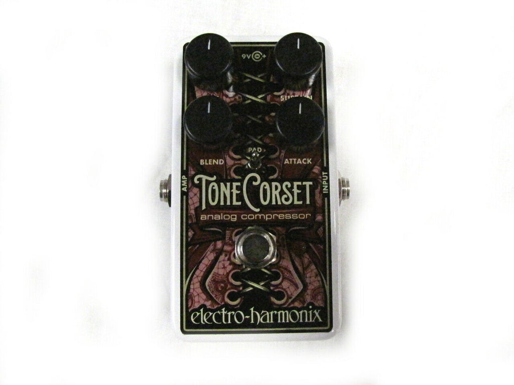 Electro-Harmonix Tone Corset analog compressor pedal — front view, white enclosure