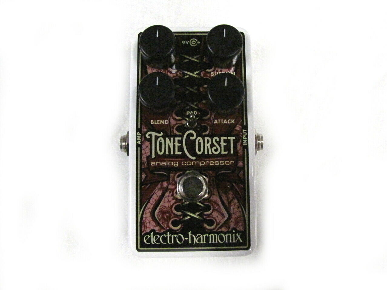 Electro-Harmonix Tone Corset analog compressor pedal — front view, white enclosure