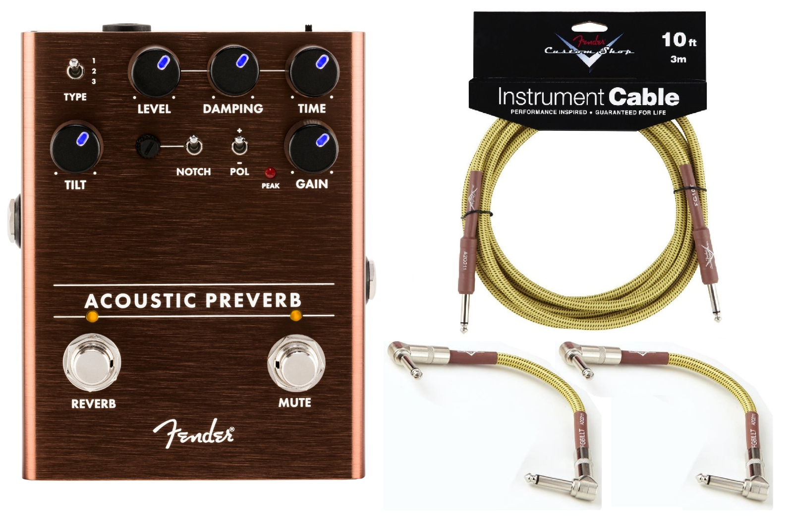 Fender Acoustic Preverb preamp reverb pedal with included Custom Shop tweed cables