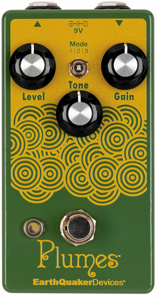 EarthQuaker Devices Plumes overdrive pedal — front view, green and gold enclosure