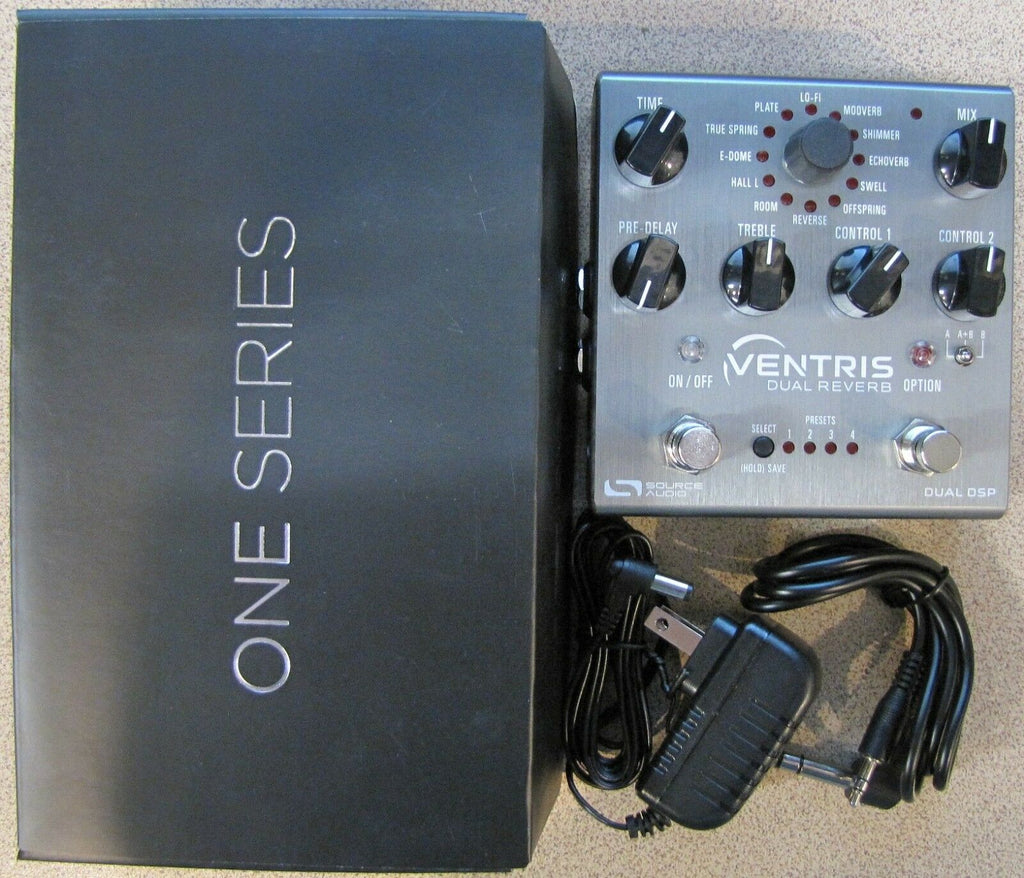 Source Audio SA262 Ventris Dual Reverb pedal — silver, with box and adapter