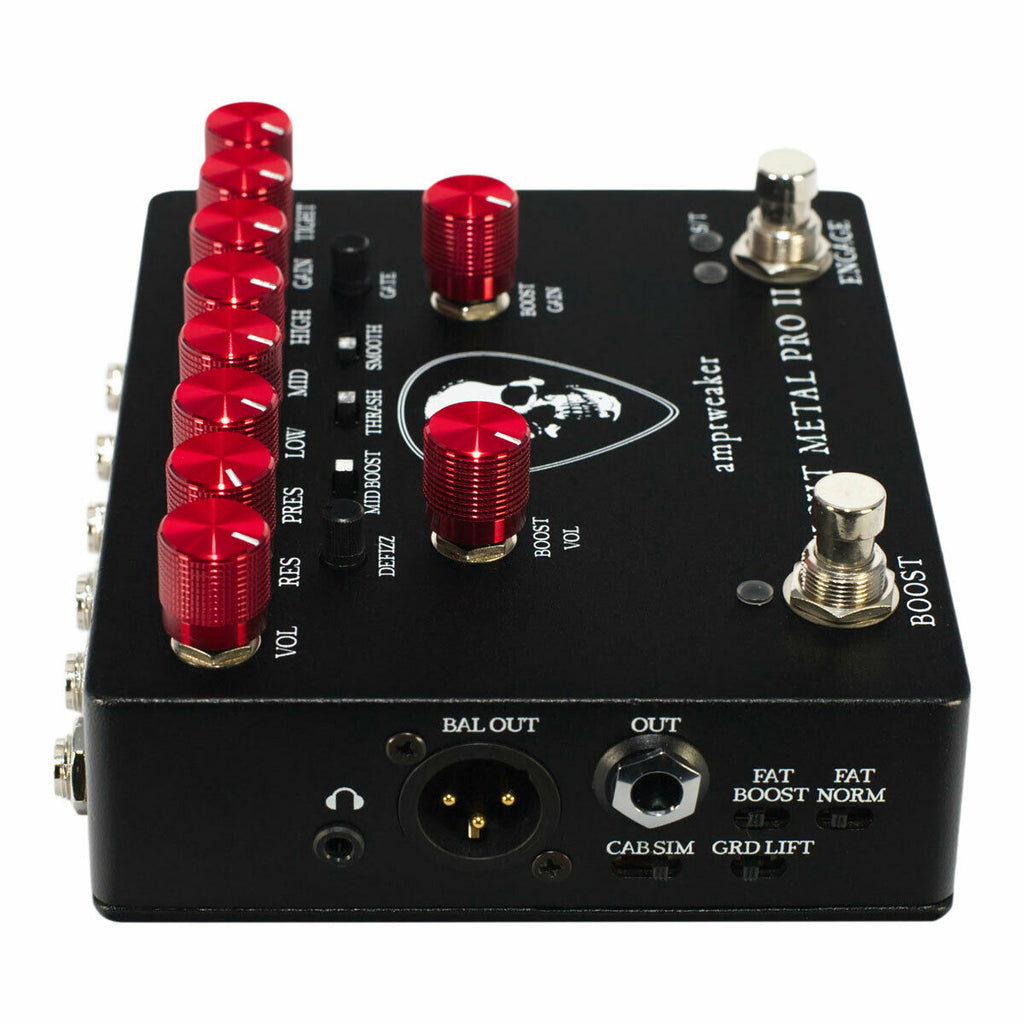 Amptweaker Tight Metal Pro II high-gain pedal — skull graphic and red boost knobs detail