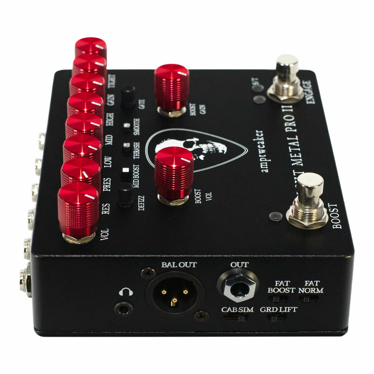 Amptweaker Tight Metal Pro II high-gain pedal — skull graphic and red boost knobs detail