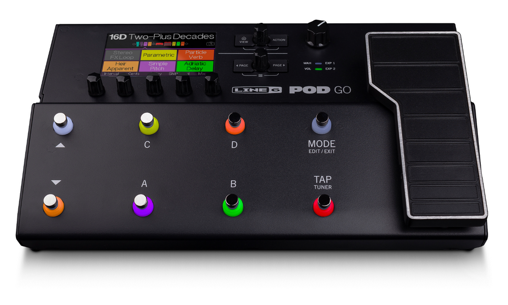 New Line 6 POD Go amp modeler angled view showing expression pedal, black
