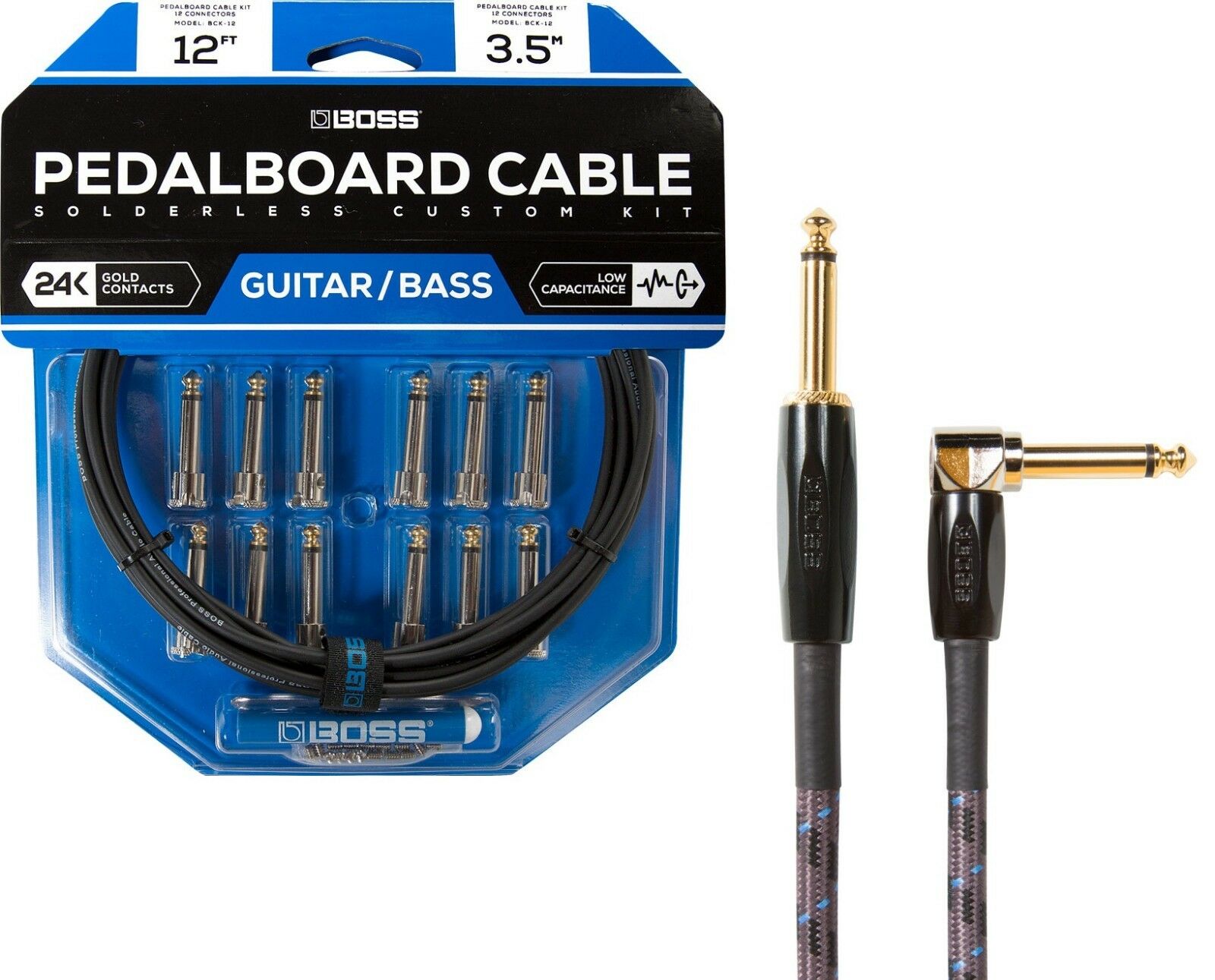 Boss BCK-12 solderless pedalboard cable kit packaging with connectors
