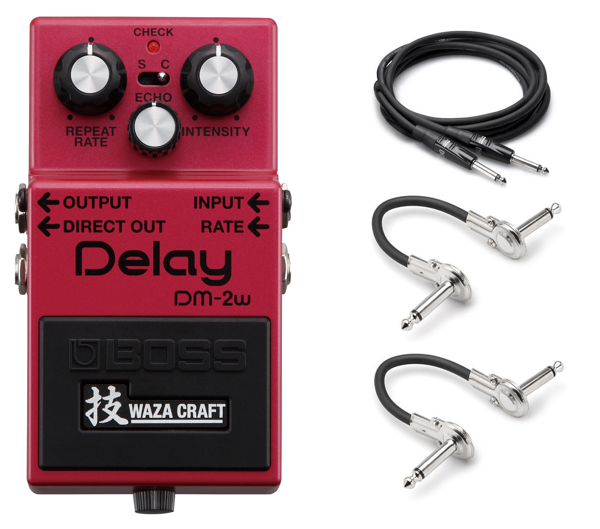 Boss DM-2W Waza Craft analog delay pedal — red enclosure with included patch cables